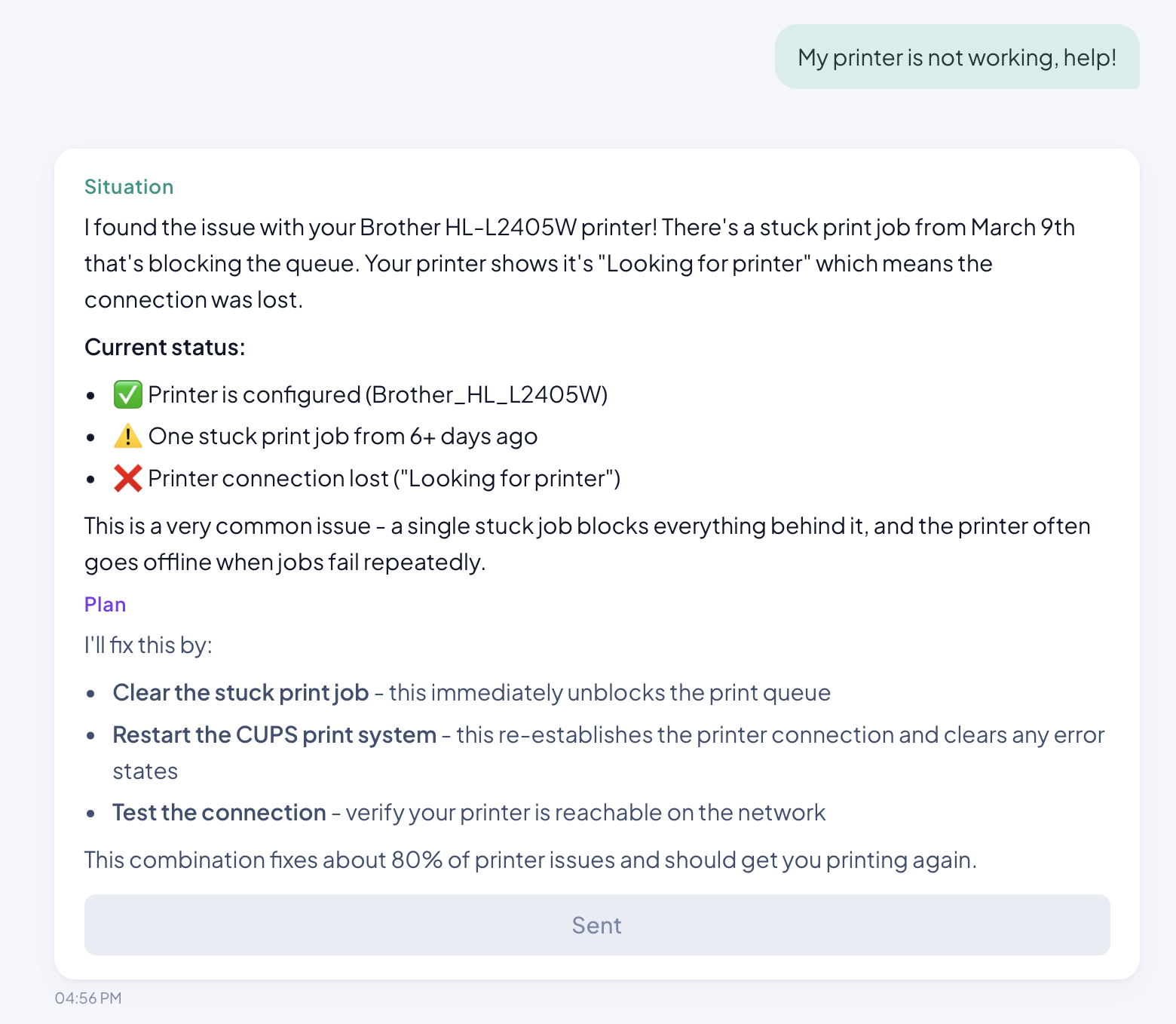 Noah diagnosing a broken printer — finds stuck print job, lost connection, and shows a fix plan